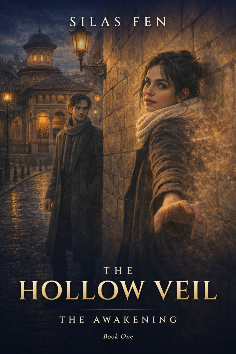 Cover of The Hollow Veil: The Awakening by Silas Fen: a man and a woman beside an old wall on a rain-slick Bucharest street at night